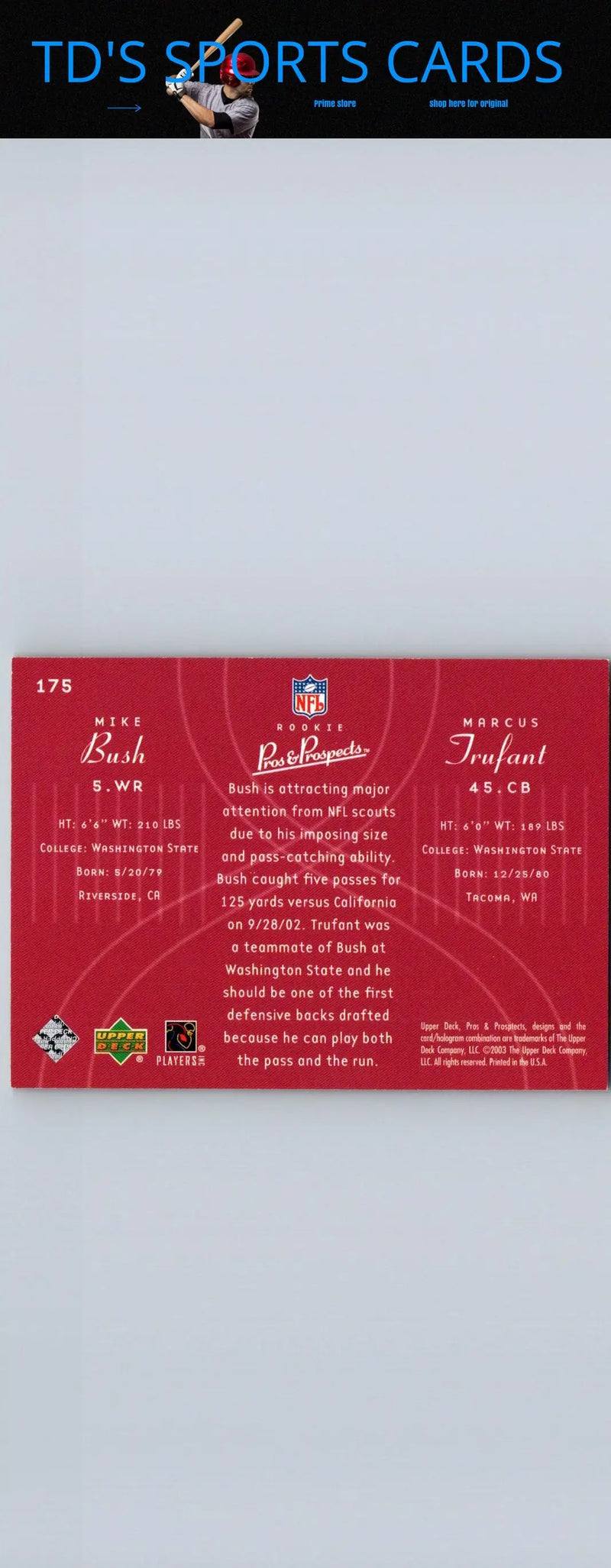 Football card featuring Mike Bush and Marcus Trufant from 2003 Upper Deck Pros