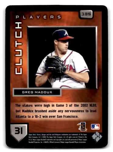 Baseball trading card featuring Greg Maddux from 2003 Upper Deck Victory Braves