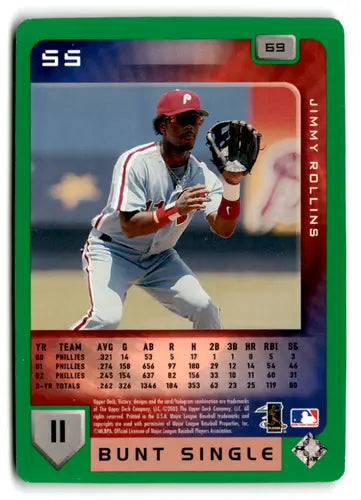 Baseball card from 2003 Upper Deck Victory Tier 1 Green Jimmy Rollins Phillies ID 72943
