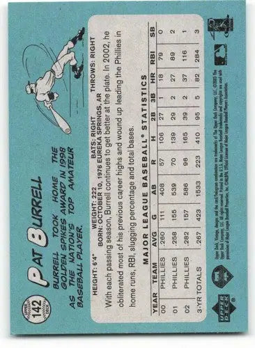 Original gloss baseball trading card for Pat Burrell with career stats from Upper Deck Vintage