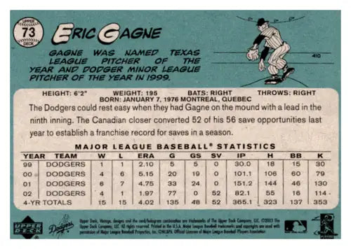 2003 Upper Deck Vintage #73 Eric Gagne NM Near Mint Dodgers ID:65011 - Baseball Card Single