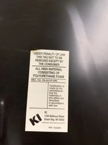 Furniture tag showing polyurethane foam in WWE Ringside VIP Chair from Worcester Centrum Center