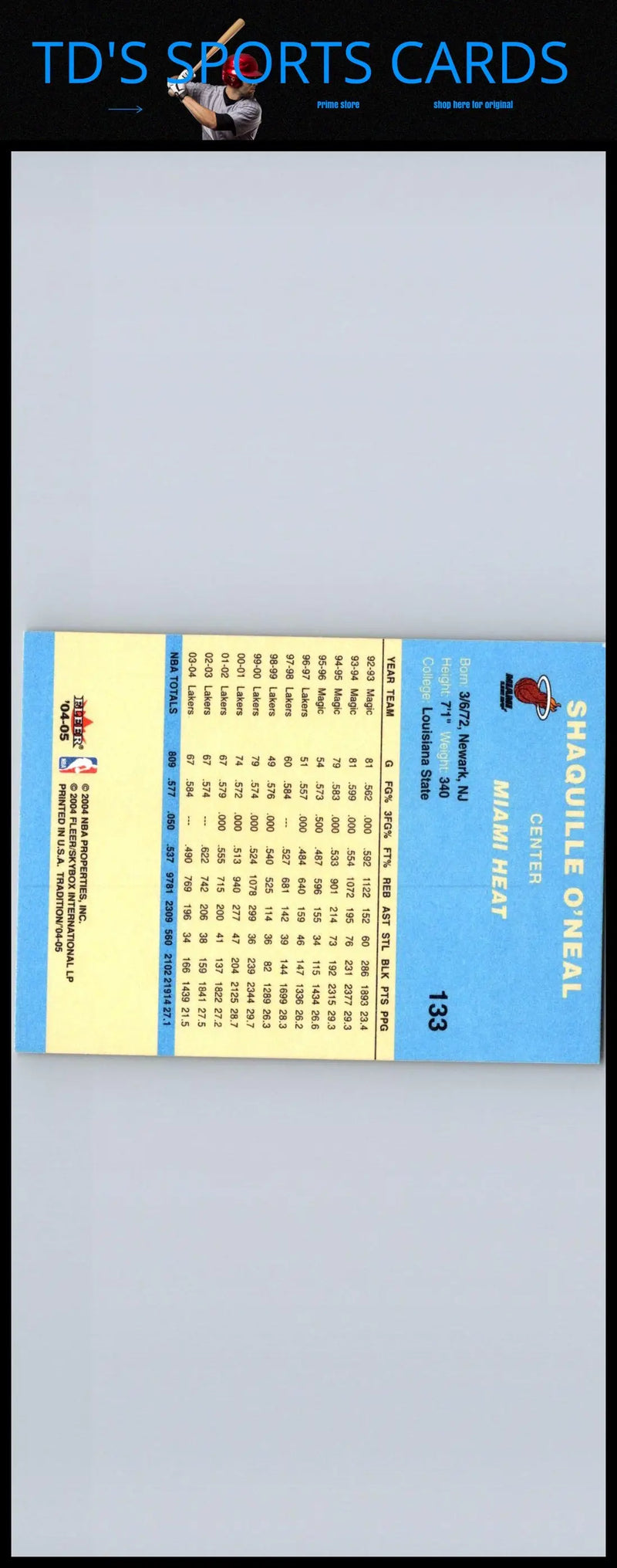 2004-05 Fleer Tradition trading card featuring Shaquille O’Neal in blue design