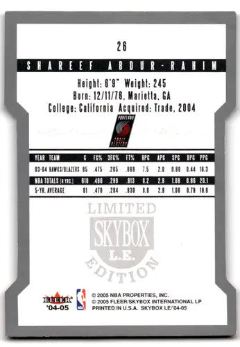 Basketball card back featuring Shareef Abdur-Rahim from 2004-05 SkyBox LE with original gloss