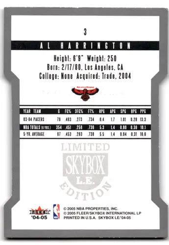 Basketball card back showing original gloss from 2004-05 SkyBox LE Al Harrington cards typically sell