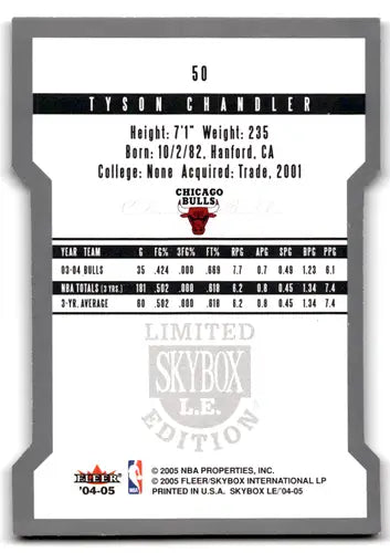 Basketball card back showing Tyson Chandler original gloss for 2004-05 SkyBox LE Bulls