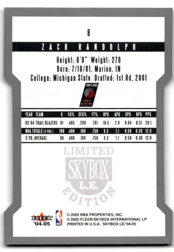 Original gloss Zach Randolph basketball card from 2004-05 SkyBox LE featuring Simply Sandoval