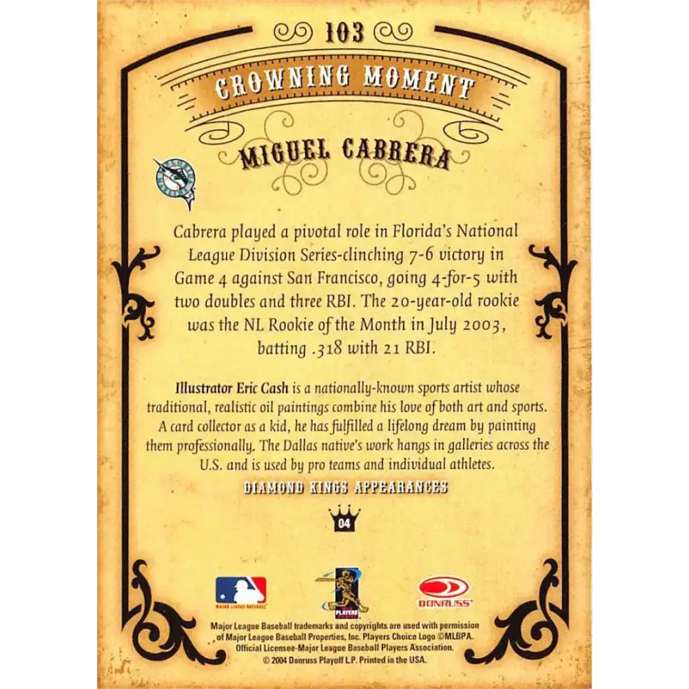 2004 Donruss Diamond Kings #103 Miguel Cabrera NM-MT Florida Marlins Baseball Card - Baseball Card Single