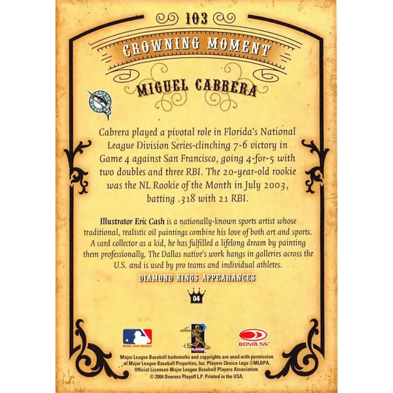 2004 Donruss Diamond Kings #103 Miguel Cabrera NM-MT Florida Marlins Baseball Card - Baseball Card Single