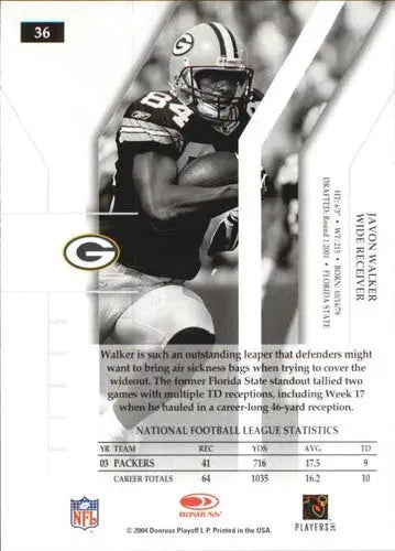 Black and white Donruss Elite Javon Walker football trading card with stats and biography