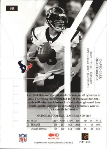 Back of 2004 Donruss Elite David Carr football card with stats and black-and-white action shot