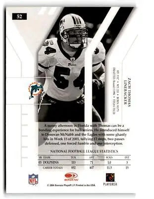 Black and white trading card of Zach Thomas, Miami Dolphins linebacker, Donruss Elite