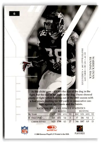 Warrick Dunn football card with original gloss from Donruss Elite 2004 Falcons series