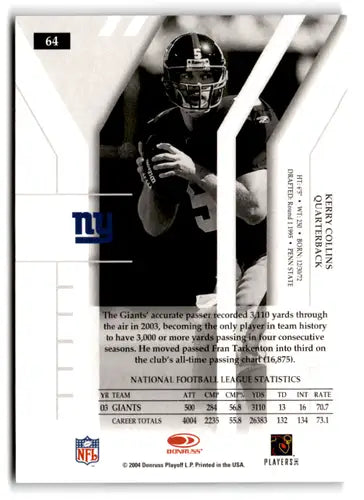 Original gloss Donruss Elite Kerry Collins football card NY Giants near mint condition
