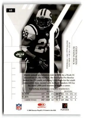Black and white Curtis Martin football trading card from 2004 Donruss Elite featuring New York Jets