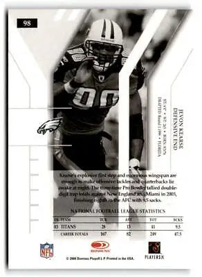 Black and white trading card of Jevon Kearse from 2004 Donruss Elite #98