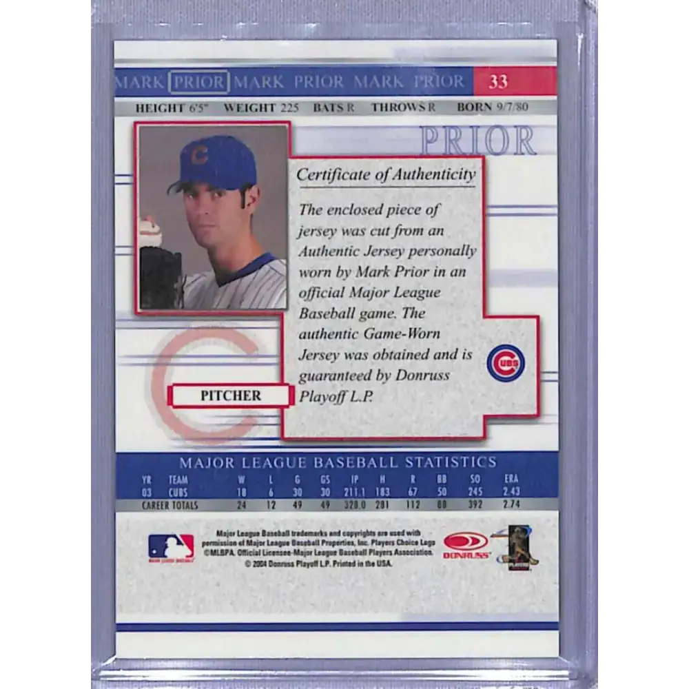 2004 Donruss Timelines #33 Mark Prior Chicago Cubs NM-MT Baseball Card - Baseball Card Single
