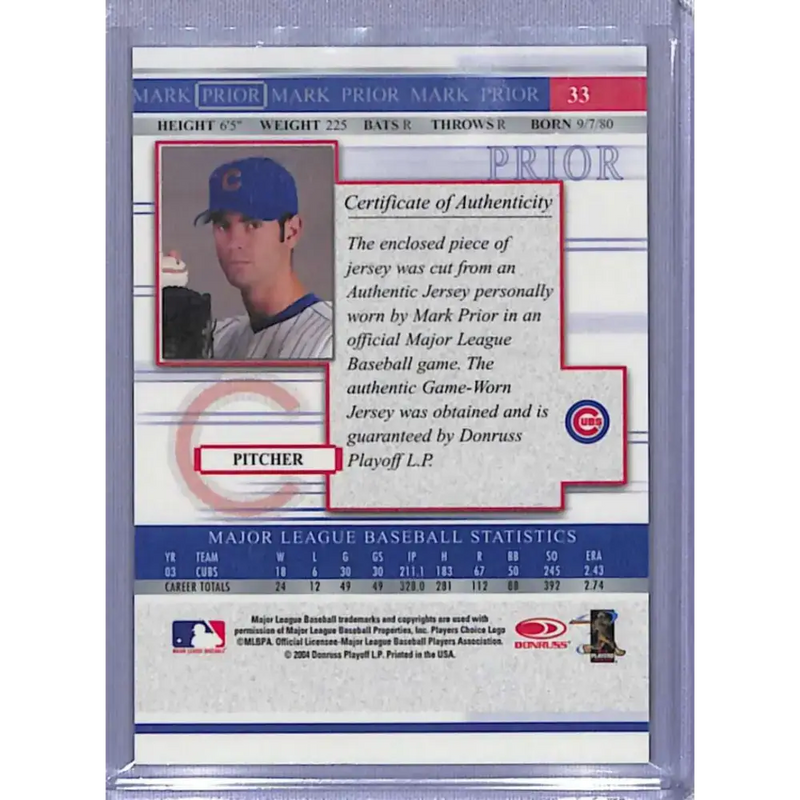 2004 Donruss Timelines #33 Mark Prior Chicago Cubs NM-MT Baseball Card - Baseball Card Single
