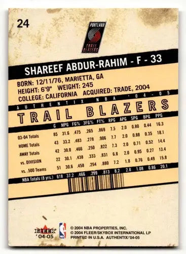 2004 Fleer Authentix #24 Shareef Abdur-Rahim Portland Trail Blazers ID:58781 - Basketball Card Single