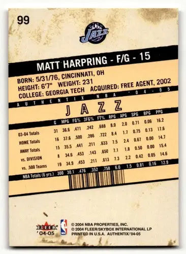 2004 Fleer Authentix #99 Matt Harpring Utah Jazz Basketball Cards EX ID:58763 - Basketball Card Single