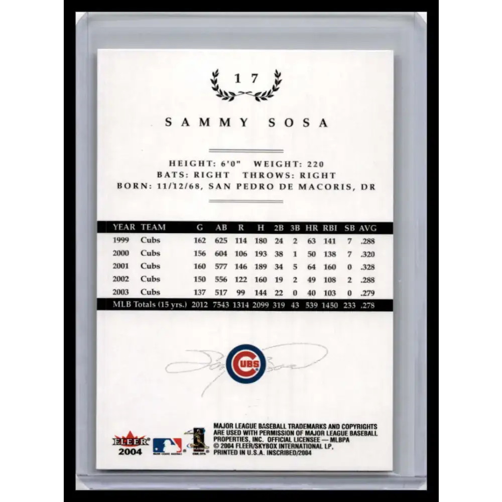 2004 Fleer InScribed #17 Sammy Sosa NM-MT Chicago Cubs Baseball Card - Baseball Card Single