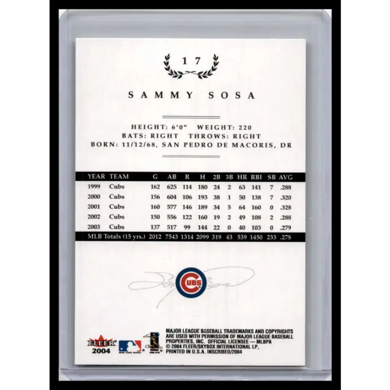 2004 Fleer InScribed #17 Sammy Sosa NM-MT Chicago Cubs Baseball Card - Baseball Card Single