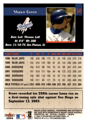 Original gloss Fleer Patchworks Shawn Green baseball card from 2004 Dodgers NM Near Mint