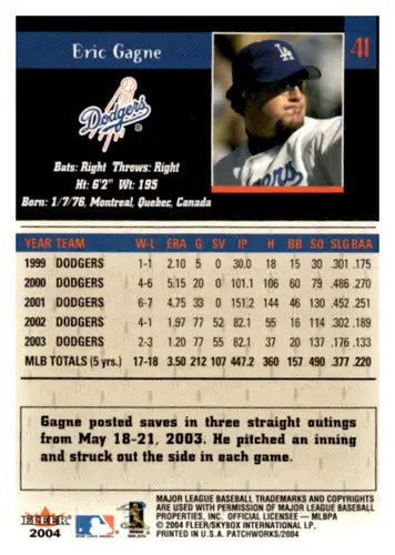 2004 Fleer Patchworks Eric Gagne baseball card with original gloss Dodgers ID 65012