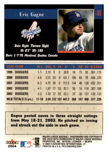2004 Fleer Patchworks Eric Gagne baseball card with original gloss Dodgers ID 65013