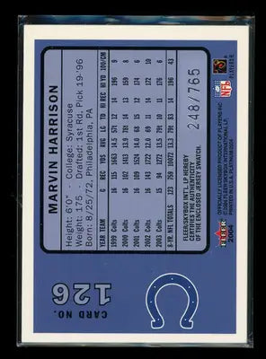 2004 Fleer Platinum Marvin Harrison #126 248/765 Game-Worn Jersey Football
