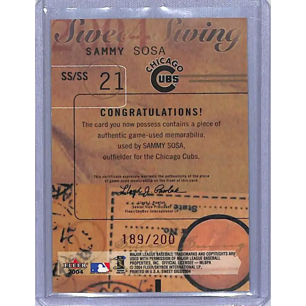 2004 Fleer Sweet Sigs #SS/SS Sammy Sosa Sweet Swing Jersey Red #/200 NM-MT Baseball Card - Baseball Card Single