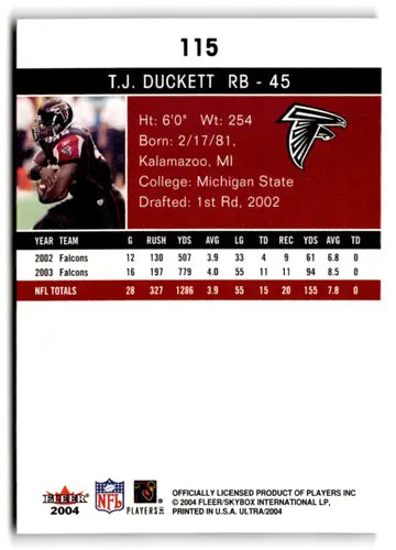 Original gloss T.J. Duckett football card from Fleer Ultra Falcons NM-MT