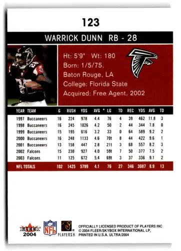 Original gloss Fleer Ultra Warrick Dunn football card from 2004 Falcons collection