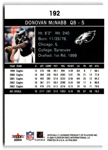Fleer Ultra Donovan McNabb football card with career stats and original gloss