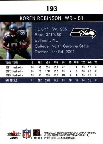 2004 Fleer Ultra #193 Koren Robinson NM-MT Seahawks ID:11502 ID:11502 - Football Card Single