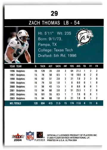 2004 Fleer Ultra #29 Zach Thomas NM-MT Dolphins ID:73643 - Football Card Single