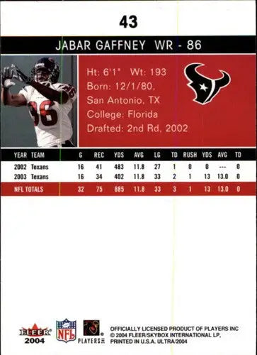 Original gloss Fleer Ultra Jabar Gaffney football card from 2004 Texans collection
