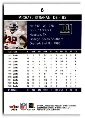 2004 Fleer Ultra Michael Strahan football card with original gloss NY Giants ID 73641