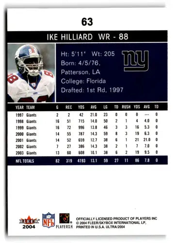Original gloss Fleer Ultra Ike Hilliard 2004 football card displayed in product listing