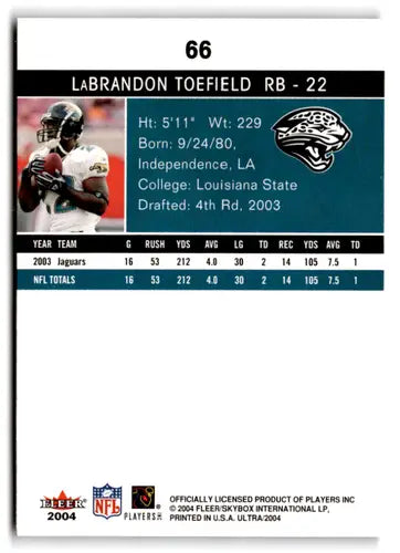 Original gloss Fleer Ultra LaBrandon Toefield football trading card Jaguars 2004