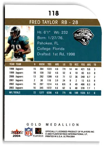 2004 Fleer Ultra Gold Medallion Fred Taylor Jaguars football trading card with stats and bio