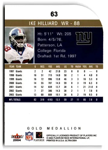 Original gloss 2004 Fleer Ultra Gold Medallion Ike Hilliard football card with stats