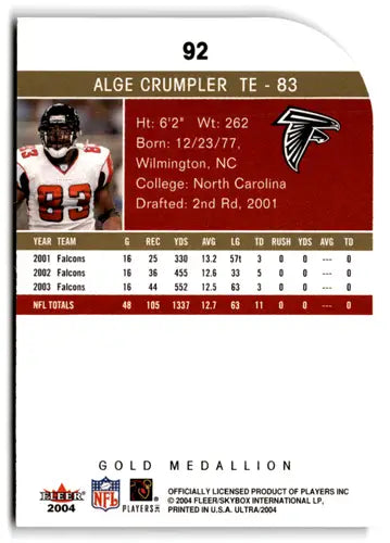 Alge Crumpler football card from Fleer Ultra Gold Medallion 2004 Falcons collection