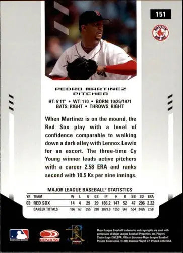 Back of 2004 Leaf Certified Materials Pedro Martinez baseball trading card with career stats