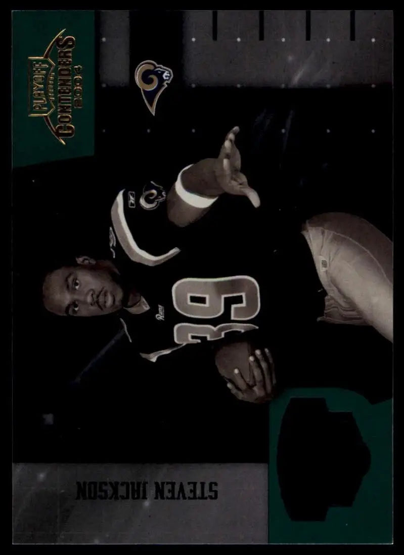 Black and white Steven Jackson football action card with green accents from 2004 Playoff Contenders