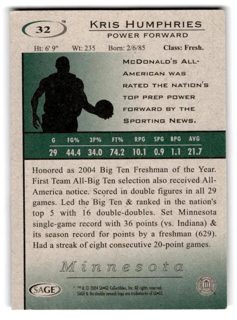 2004 SAGE HIT #32 Kris Humphries - Basketball Card Single