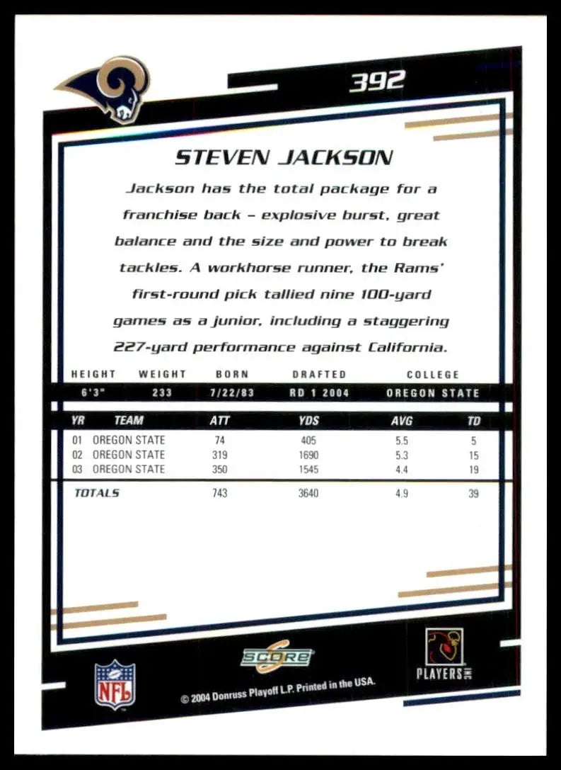 2014 Score football card featuring Steven Jackson number 392 St Louis Rams NFL player