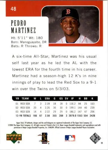 Original gloss baseball card featuring Pedro Martinez from 2004 SP Authentic Simply Sandoval