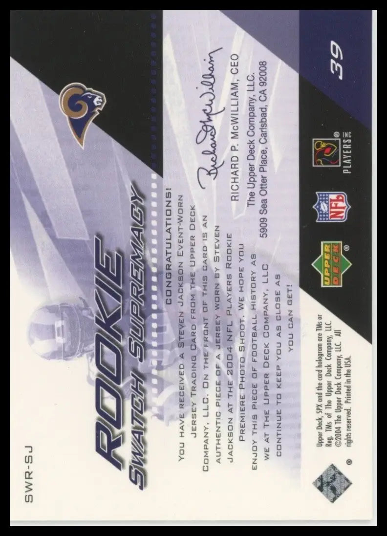 2018 Upper Deck Premier football card featuring Steven Jackson from 2004 SPx Rookie Swatch Supremacy St Louis Rams