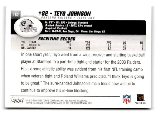 2004 Topps #182 Teyo Johnson NM-MT Raiders - Football Card Single
